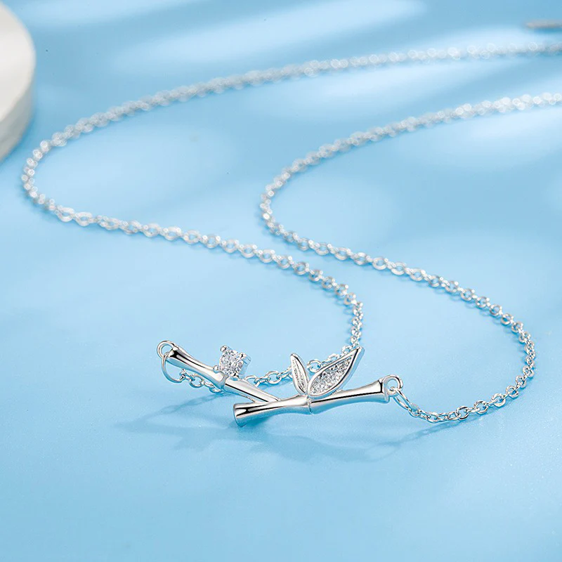 Buddha Stones Bamboo Leaf Design Copper Zircon Wealth Necklace Pendant