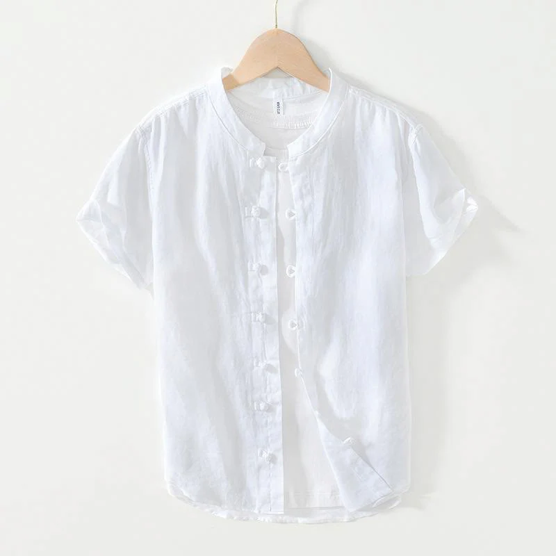Buddha Stones Daily Frog-Button Stand Collar Short Sleeve Linen Men's Shirt