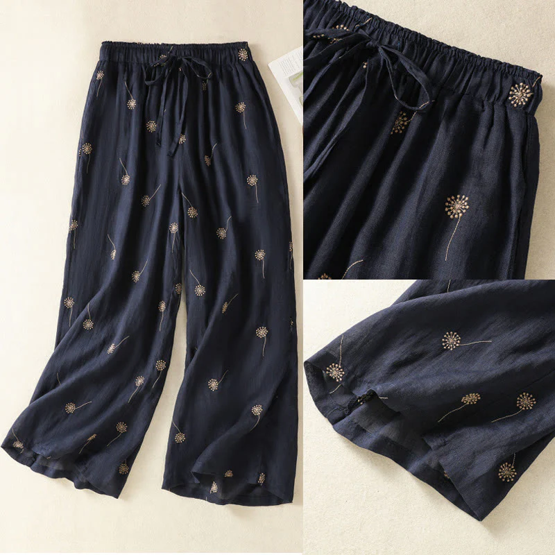 Buddha Stones MidnightBlue Commute Casual Dandelion Pattern Women's Wide Leg Cotton Linen Pants