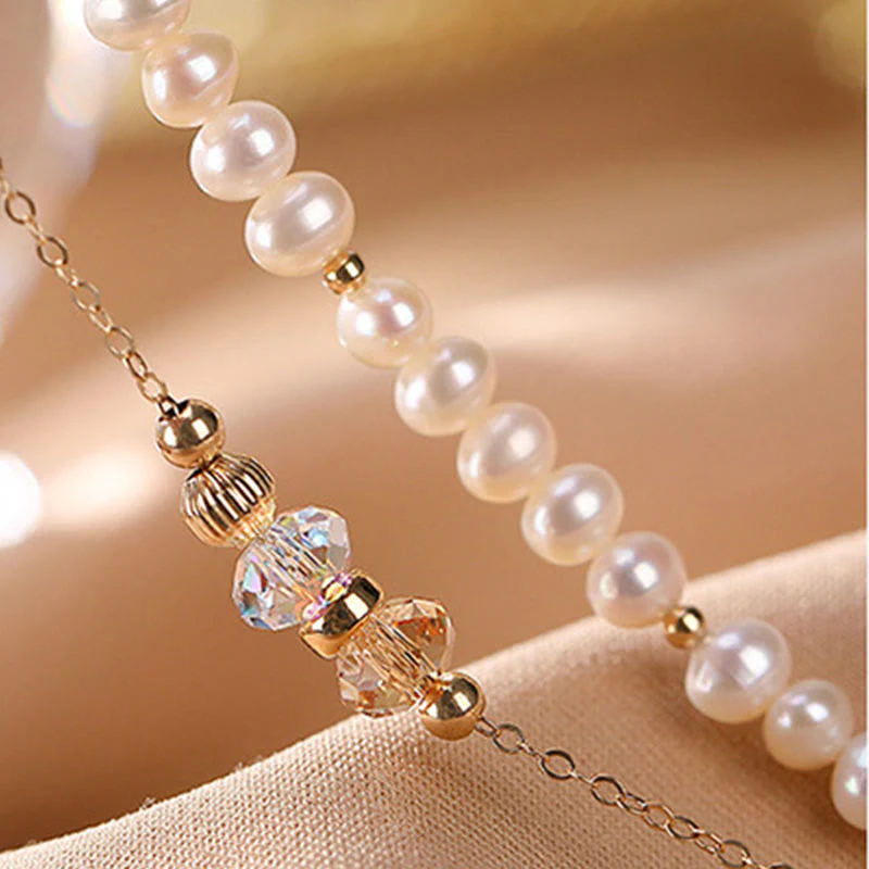 Buddha Stones 925 Sterling Silver 14K Gold Plated Natural Pearl Crystal Healing Double Layer Bracelet