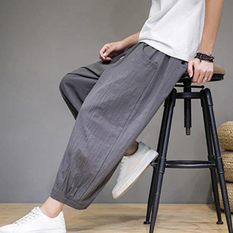 Buddha Stones Simple Cotton Men's Cropped Capri Harem Pants With Pockets