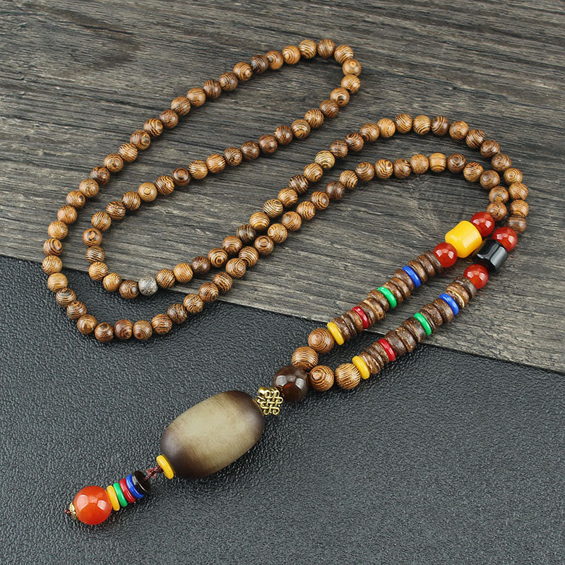 Buddha Stones Tibetan Wenge Wood Bodhi Seed Agate Balance Peace Necklace Pendant
