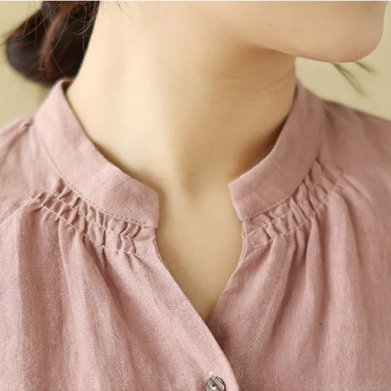 Buddha Stones Casual Plain Drawstring Button Cotton Linen Midi Dress With Pockets