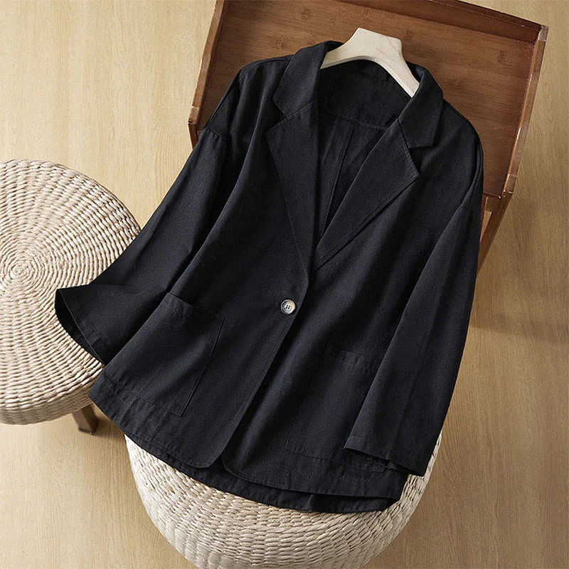 Buddha Stones Plain Button Women's Cotton Suit Jacket With Pockets