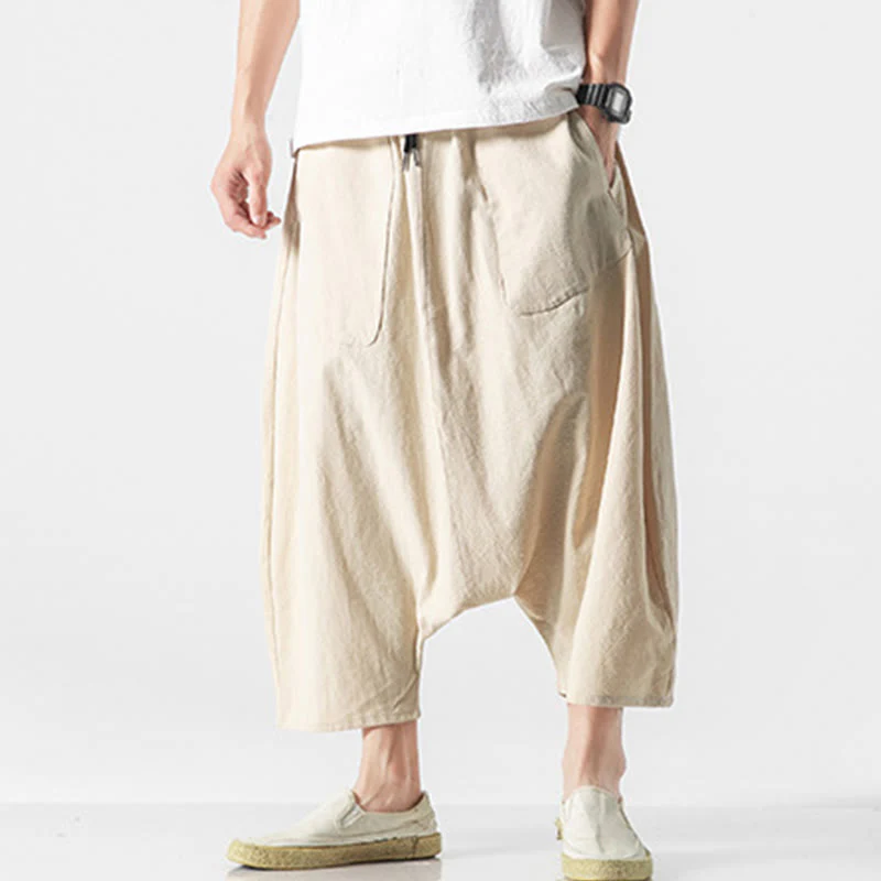 Buddha Stones Casual Low Crotch Design Drawstring Men's 7-8 Length Cotton Linen Wide Leg Pants With Pockets
