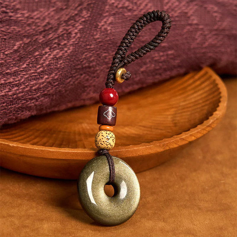 Buddha Stones Natural Gold Sheen Obsidian Peace Buckle Strengthen Key Chain