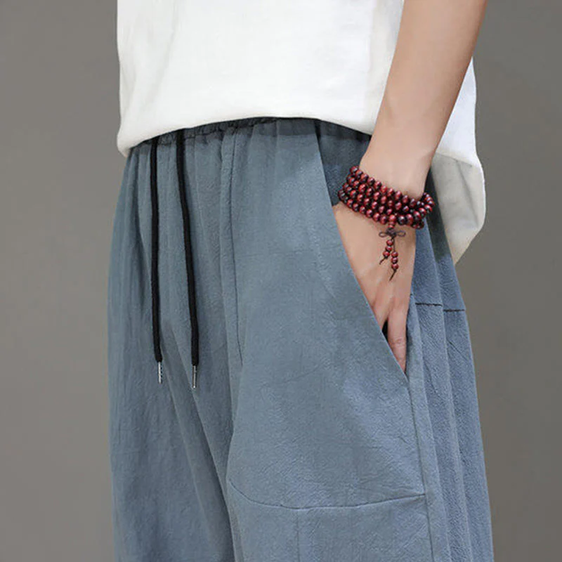 Buddha Stones Casual Plain Low Crotch Design Drawstring Men's Cotton Elastic Waistband Wide Leg Pants With Pockets