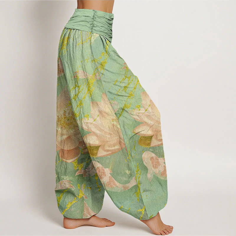 Buddha Stones Casual Lotus Flower Koi Fish Pattern Women's Harem Pants