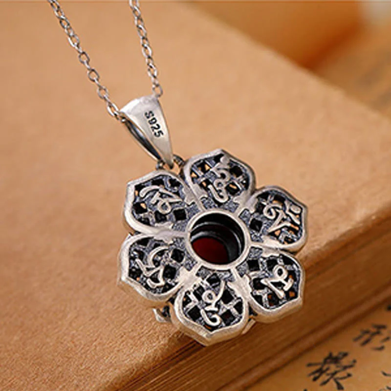Buddha Stones Tibetan Om Mani Padme Hum Lotus Pattern Red Agate Copper Peace Necklace Pendant