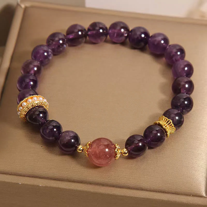 Buddha Stones Natural Amethyst Lucky Strawberry Quartz Beads Peace Bracelet