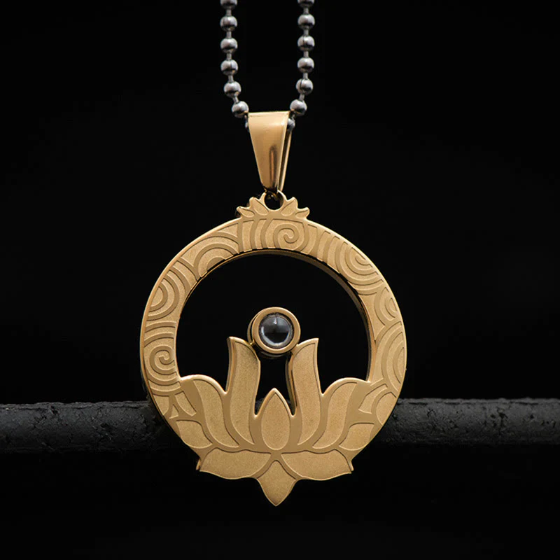 Buddha Stones Lotus Titanium Steel Enlightenment Projection Shurangama Mantra Necklace Pendant