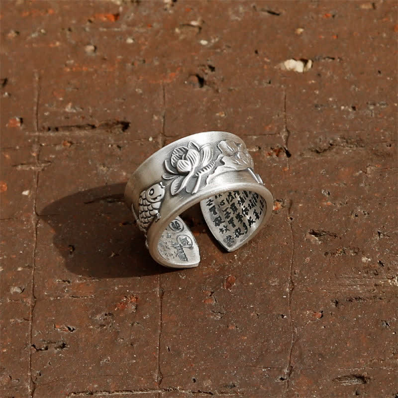 Buddha Stones 999 Sterling Silver Luck Koi Fish Lotus Heart Sutra Wealth Ring