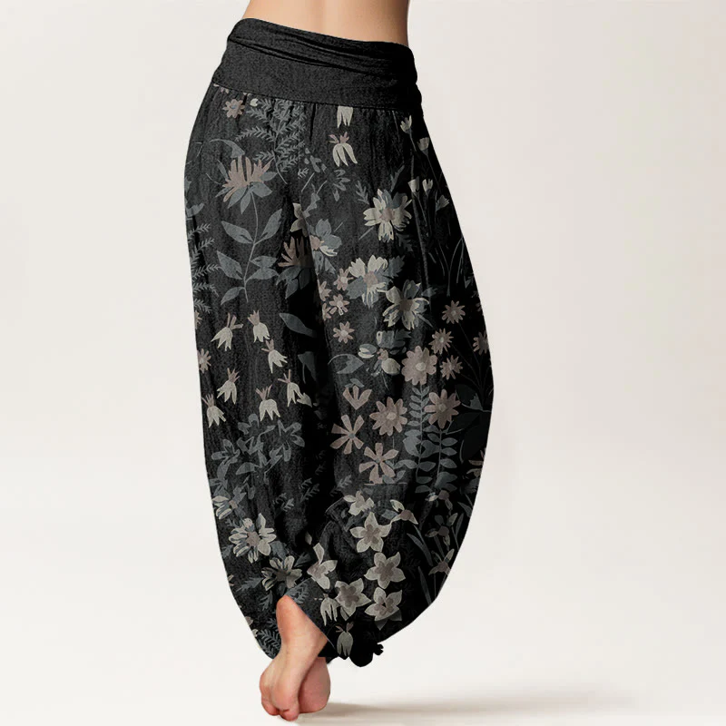 Buddha Stones Casual Daisy Flowers Leaves Design Women's Elastic Waist Harem Pants