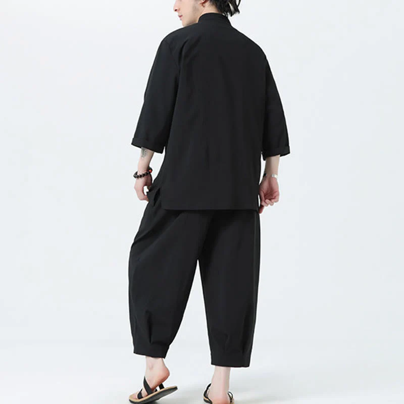 Buddha Stones 2Pcs Solid Frog-Button Three Quarter Sleeve Shirt Pants Men's Set