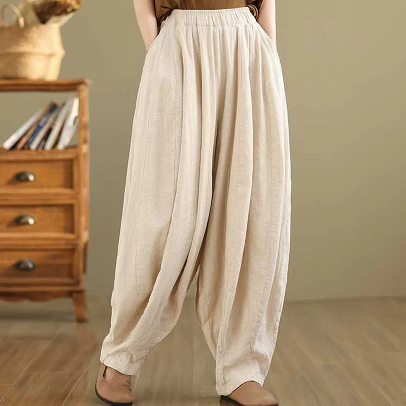 Buddha Stones Spring Casual Simple Design Women's Cotton Linen Harem Pants With Pockets