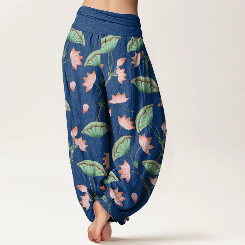 Buddha Stones Pink Lotus Flowers Lush Green Leaves Pattern Women's Elastic Waist Harem Pants