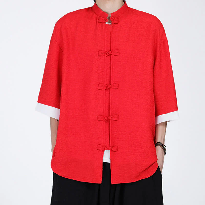 Buddha Stones Plain Tang Suit Frog-Button Design Men's Half Sleeve Shirt