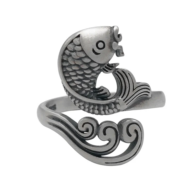 Buddha Stones 925 Sterling Silver Koi Fish Water Ripple Luck Wealth Ring