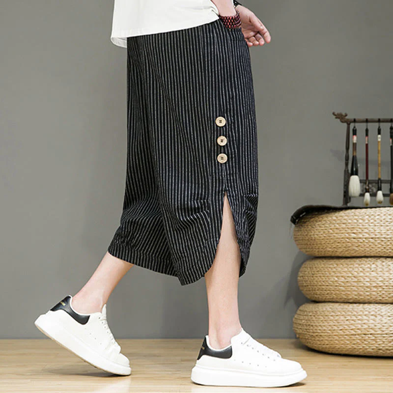 Buddha Stones Casual White Stripes Pattern Drawstring Button Design Men's Cotton Cropped Harem Pants With Pockets