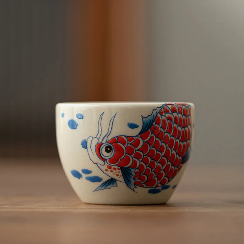Buddha Stones Koi Fish Arowana Peony Sunflower Ceramic Teacup Kung Fu Tea Cup 60ml