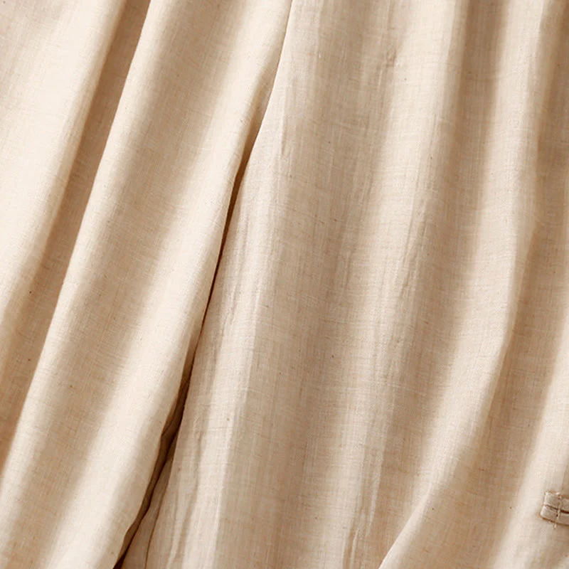Buddha Stones Frog-Button Hem Slit Design Women's Wide Leg Cotton Linen Pants With Pockets
