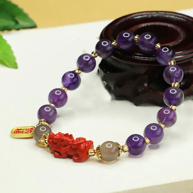 Buddha Stones Natural Amethyst Cinnabar Pi Xiu Fu Character Balance Bracelet