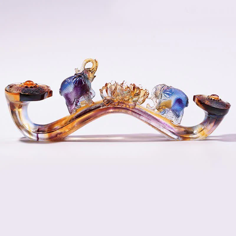 Buddha Stones Handmade Liuli Crystal Ruyi Elephant Art Piece Home Decoration With Crystal Base