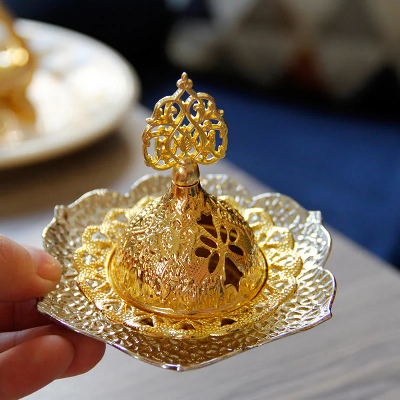 Buddha Stones Gold Leaf Coaster Spiritual Mini Alloy Metal Incense Burner