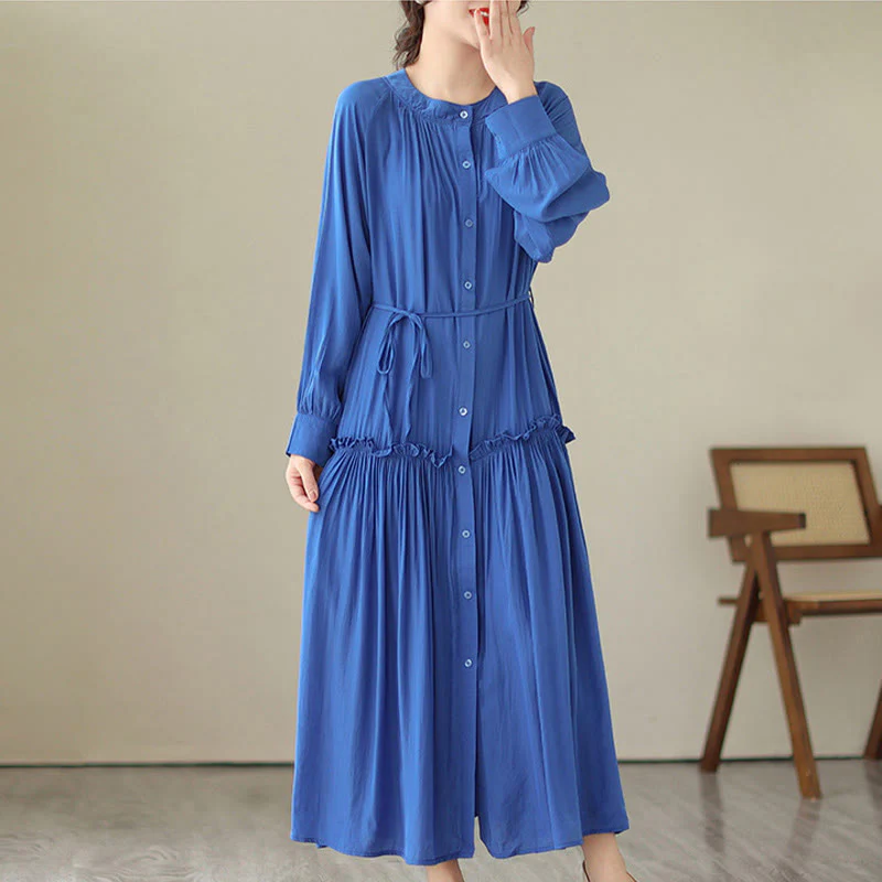 Buddha Stones Casual Plain Crew Neck Pleated Polyester Midi Dress With Pockets