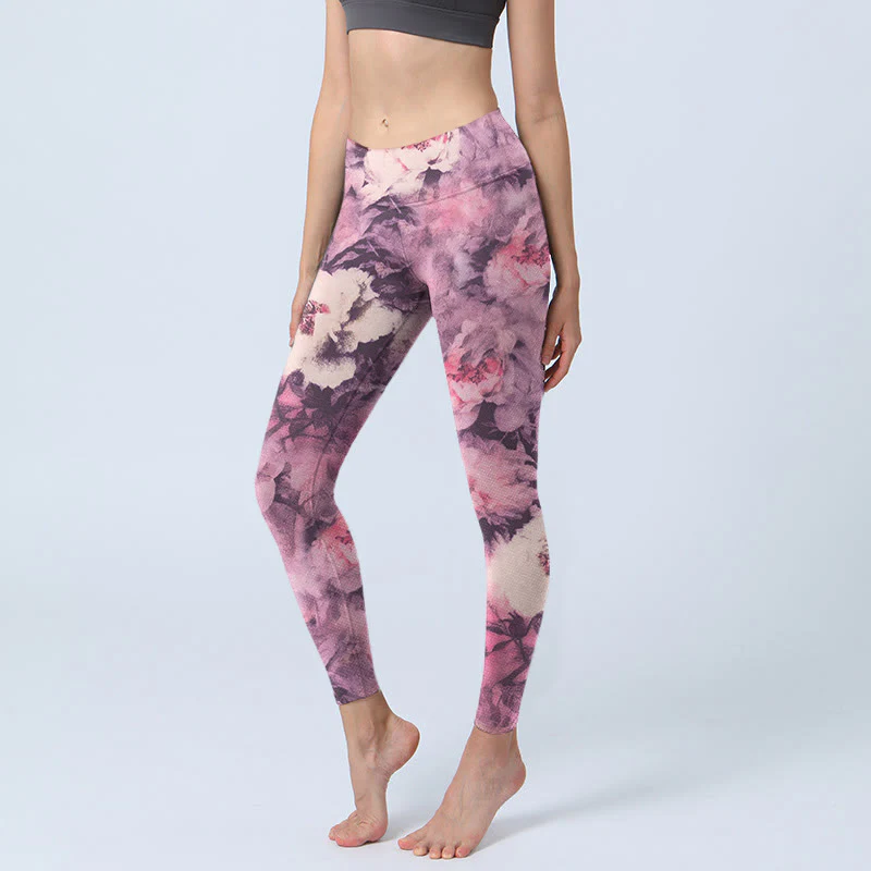 Buddha Stones Purple Peony Flowers Print Gym Leggings Women's Yoga Pants