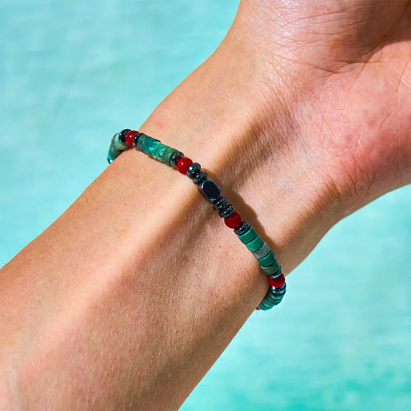 Buddha Stones Natural Green Stone Hematite Red Coral Powerful Bracelet