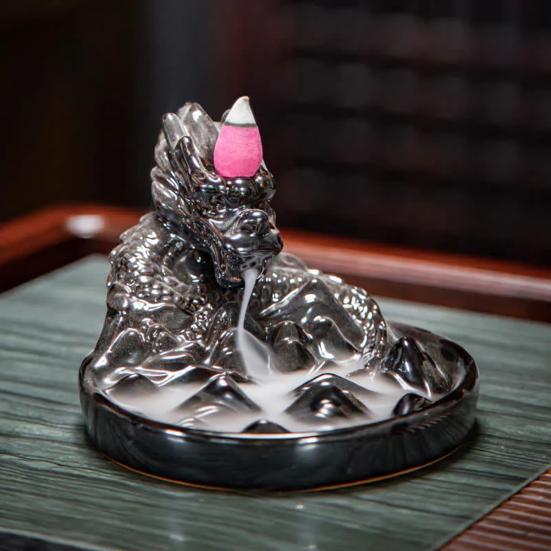 Buddha Stones Dragon Pattern Ceramic Backflow Smoke Fountain Incense Burner Decoration