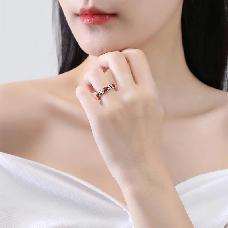 Buddha Stones Jade South Red Agate Copper Coin Prosperity Luck Open Ring