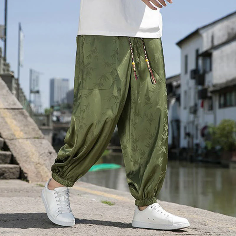 Buddha Stones Summer Ice Silk Jacquard Bamboo Pattern Men's Drawstring Cotton Pants With Pockets