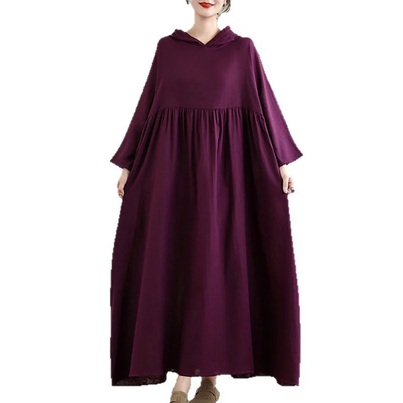 Buddha Stones Fall Hoodie Design Long Sleeve Cotton Linen Midi Dress With Pockets