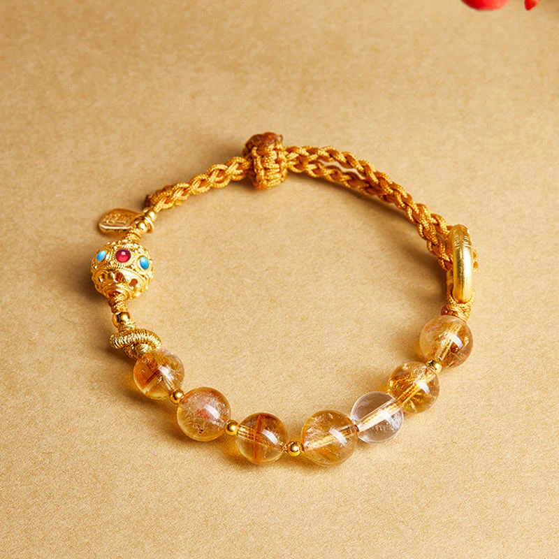 Buddha Stones 925 Sterling Silver Natural Citrine White Crystal Peace Buckle Meaning Fu Character Protection Braided String Bracelet