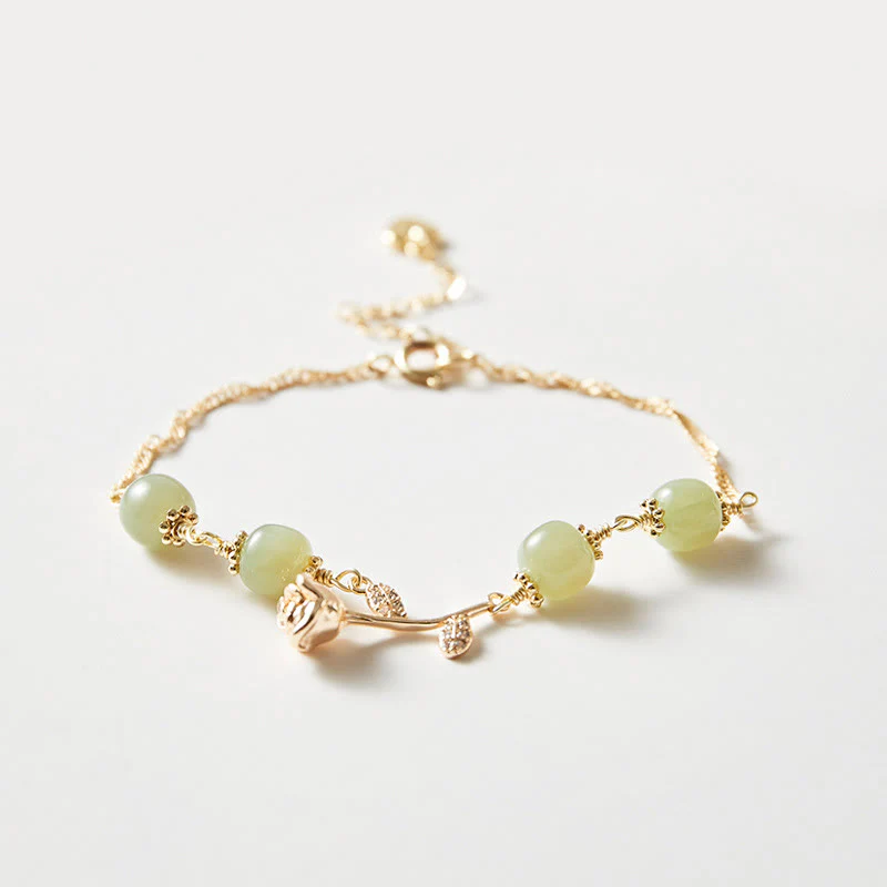 Buddha Stones 14K Gold Plated Hetian Jade Golden Rose Flower Luck Chain Bracelet