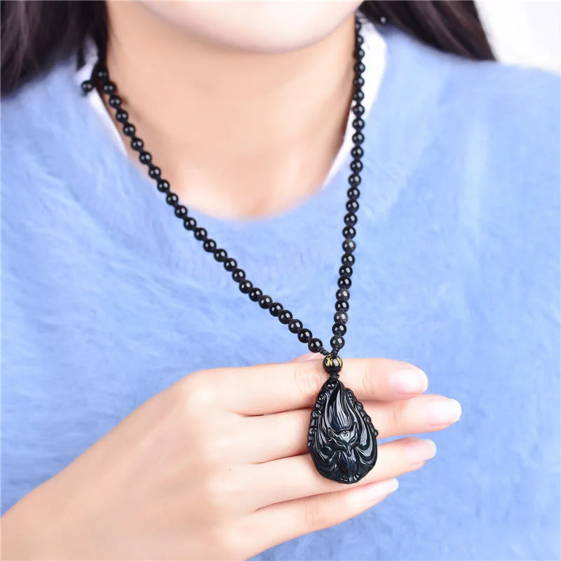 Buddha Stones Natural Rainbow Obsidian Nine Tailed Fox Inner Peace Necklace Beaded String Pendant