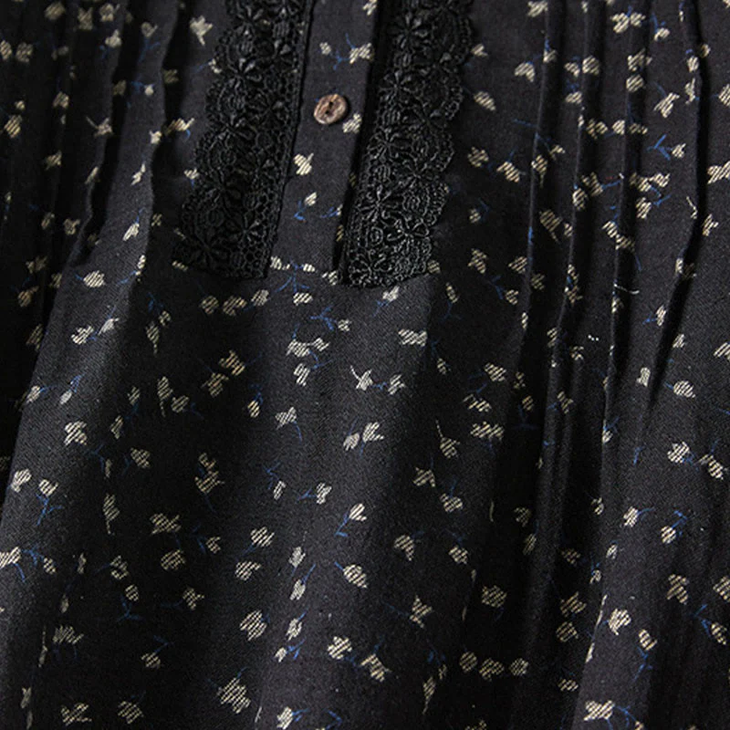 Buddha Stones Fall Printing Floral Buttons Lace Lapel Design Cotton Linen Midi Dress With Pockets