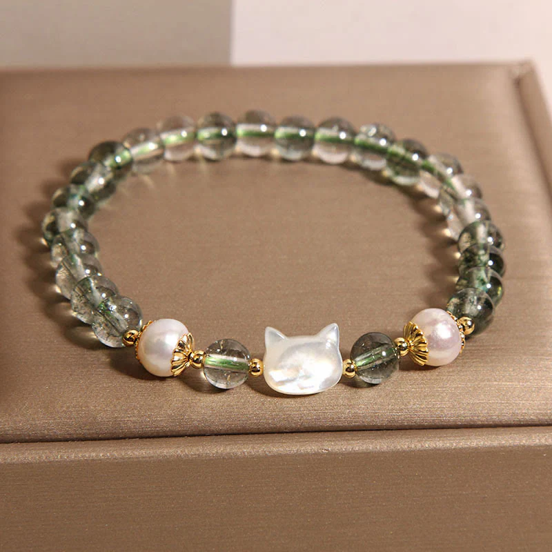Buddha Stones Natural Green Phantom Pearl Shell Cat Head Lucky Bracelet