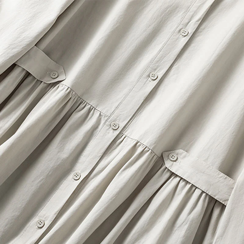 Buddha Stones Casual Plaid Pleats Buttons Design Long Sleeve Cotton Midi Dress With Pockets