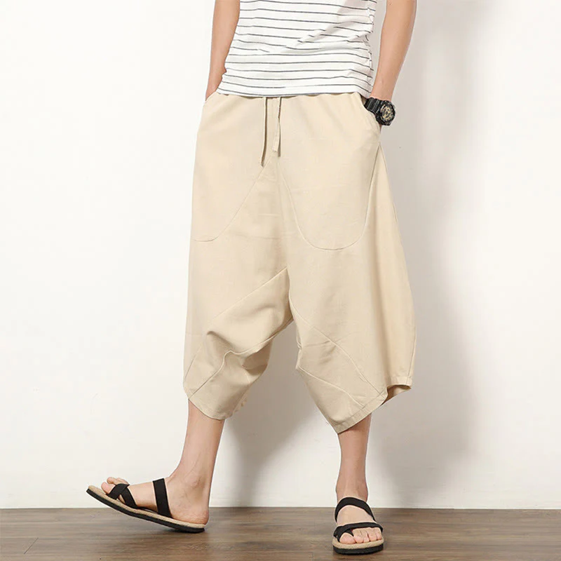 Buddha Stones Spring Plain Simple Patchwork Design Drawstring Cotton Linen Men's 7-8 Length Wide Leg Pants With Pockets