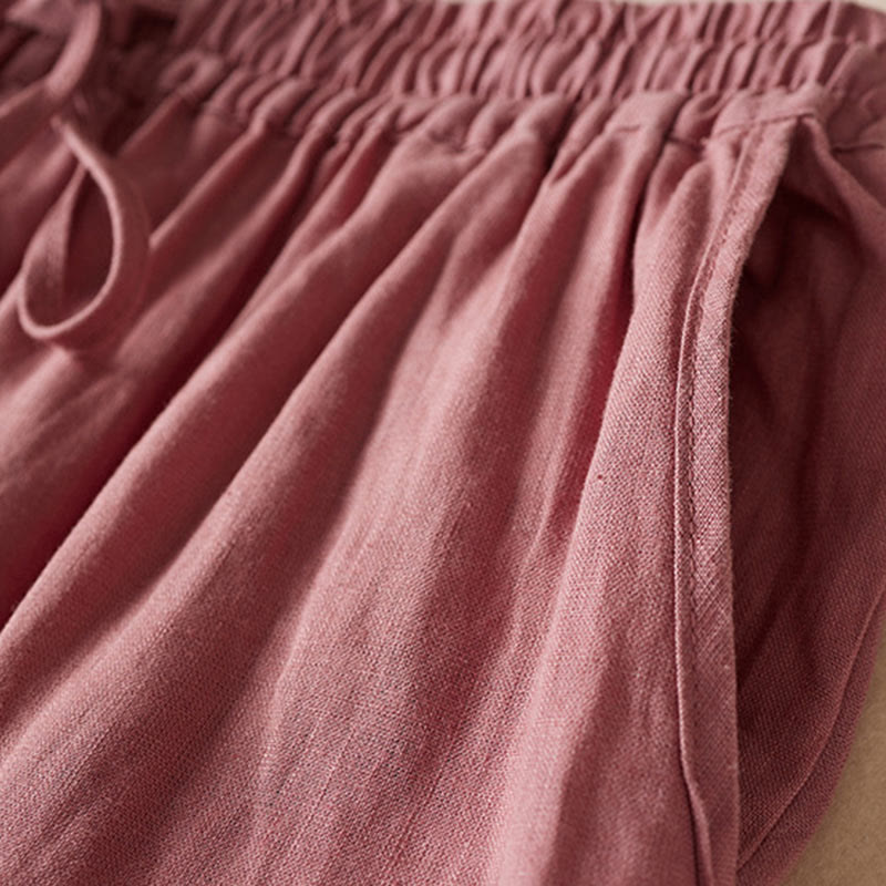 Buddha Stones Summer Small Flower Embroidery Cotton Linen Harem Pants With Pockets