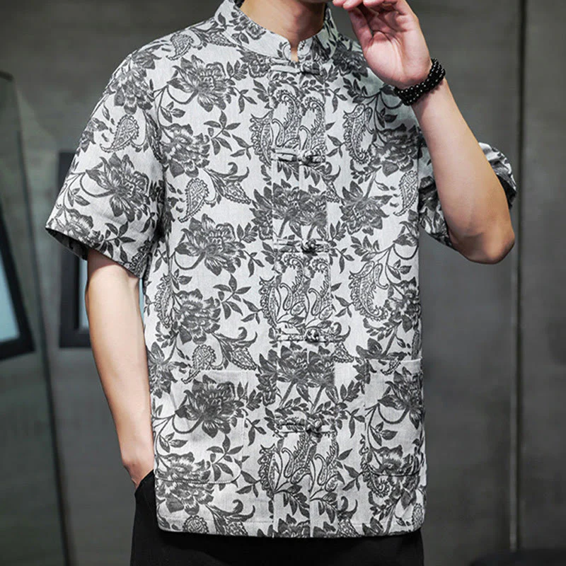 Buddha Stones Casual Jacquard Paisley Flower Plant Pattern Frog-Button Design Men's Cotton Shirt Cardigan With Pockets