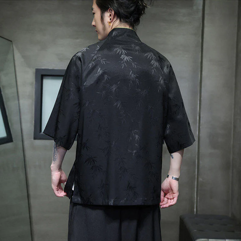 Buddha Stones Jacquard Bamboo Pattern Chinese Frog-Button Stand Collar Tang Suit Men's Cotton Shirt