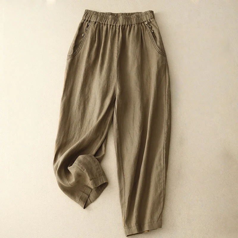 Buddha Stones Commute Casual Pure Color Buttons Design 7-8 Length Women's Harem Cotton Pants With Pockets