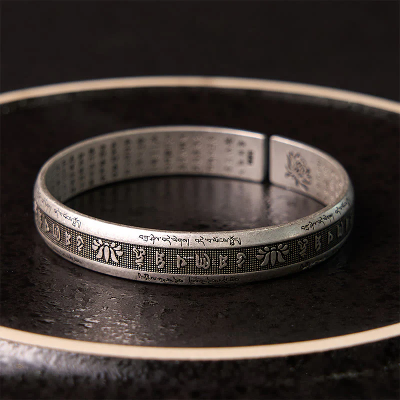 Buddha Stones Om Mani Padme Hum Heart Sutra Mantra Lotus Peace Meditation Cuff Bracelet Bangle