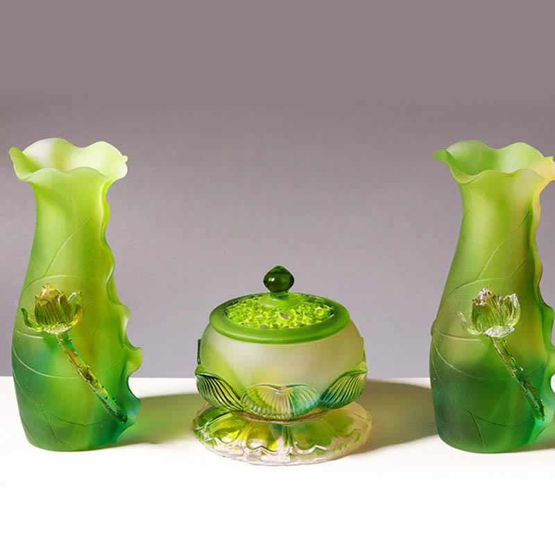 Buddha Stones Feng Shui Lotus Handmade Liuli Crystal Art Piece Home Office Offering Decoration