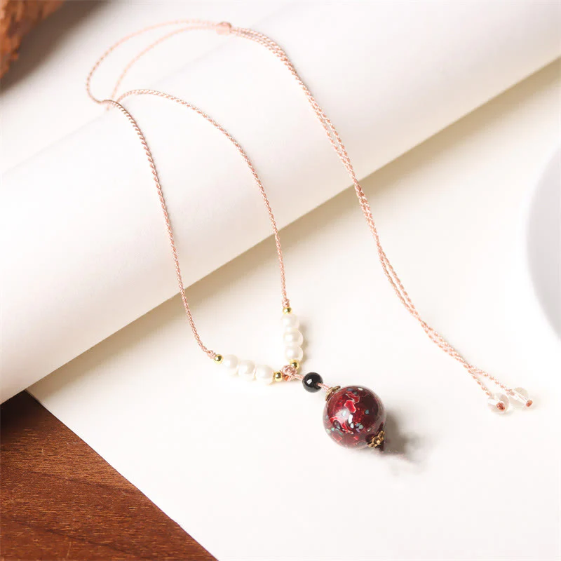 Buddha Stones Ebony Wood Aurora Lacquer Craft Bead Pearl Balance Necklace Pendant