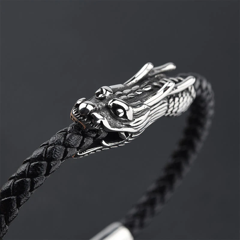 Buddha Stones Dragon Leather Titanium Steel Strength Buckle Bracelet